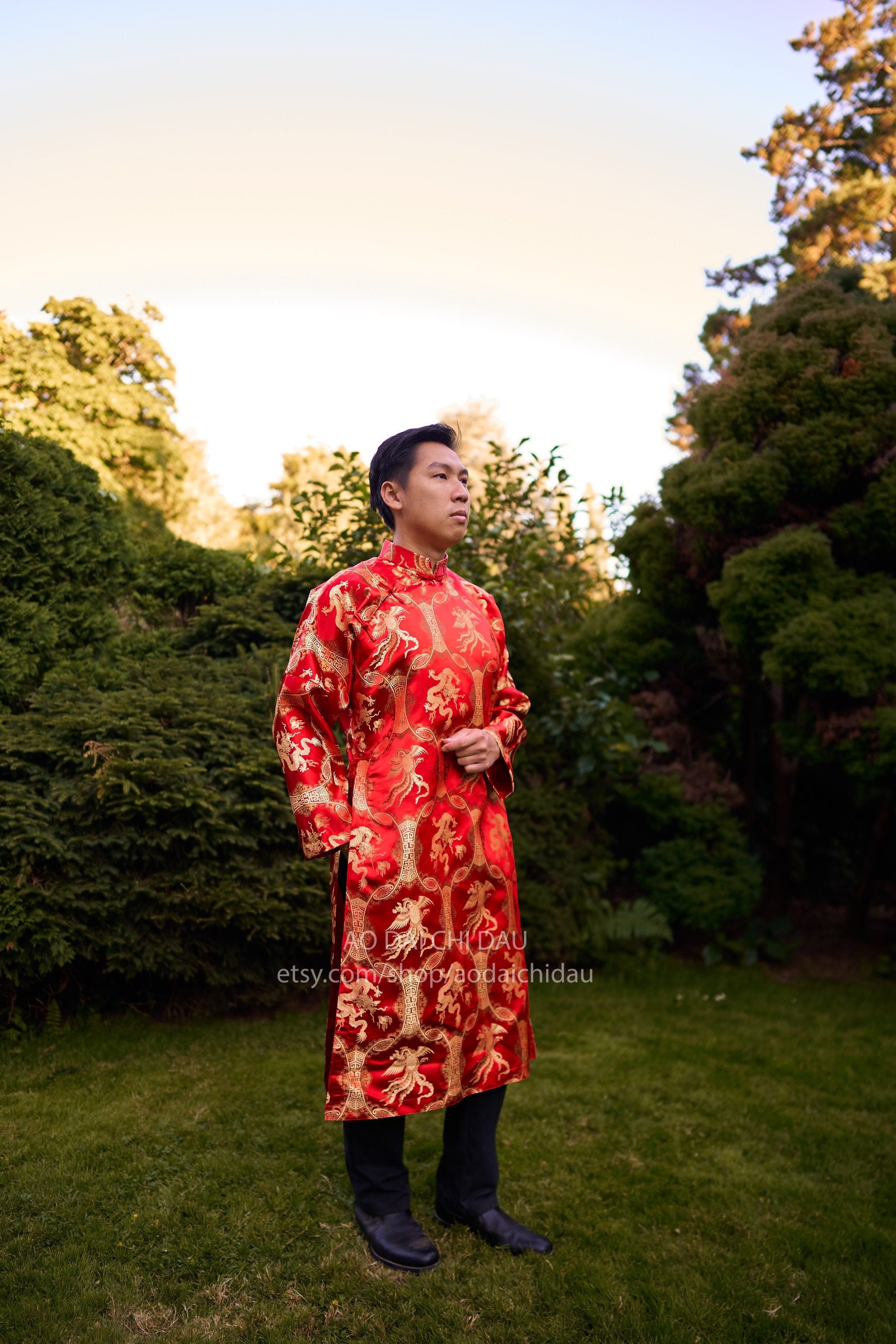 Pre-made Men Ao Dai in Red - Áo Dài Nam (No Pants)