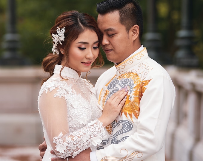 Vietnamese Wedding Ao Dai Dress with Long Train, White, Hand-beading Details, Custom Size, Multiple Headpiece Choices | Áo Dài Cưới