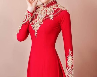 Vietnamese Wedding Ao Dai Long Dress, in Red/Gold, with Hand-beading Details, Pre-made and Custom Size | Áo Dài Cưới, May Theo Số Đo