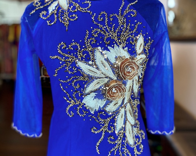 Vietnamese Ao Dai Long Dress, Three Layers with Hand-beading Details in Blue, Custom Size and Color | Áo Dài Mẹ, Trung Niên, May Theo Số Đo