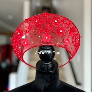 Modernized Headband for Vietnamese Ao Dai, in Red, Headpiece, Adjustable - Mấn Khăn Đống Áo Dài Cưới