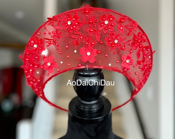 Made-to-order Modernized Headband for Vietnamese Ao Dai, in Red, Headpiece, Adjustable - Mấn Khăn Đống Áo Dài Cưới