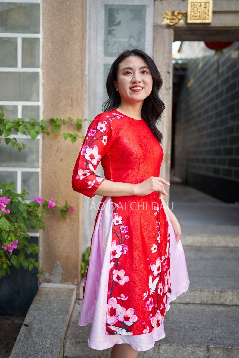 Pre-made Vietnamese Modernized Ao Dai in Red and Floral With skirt (pink)