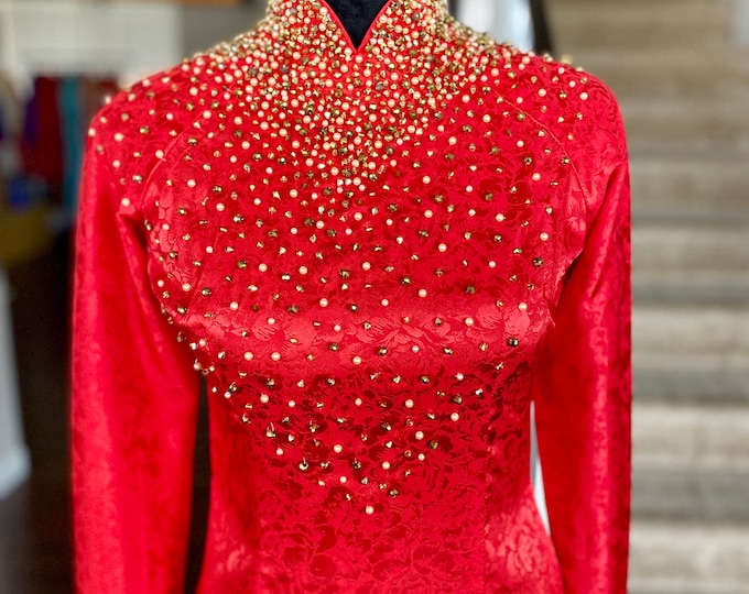 Vietnamese Wedding Ao Dai Long Dress, Red/Gold, Hand-beading Details, Custom Size, Multiple Headpiece Choices | Áo Dài Cưới, May Theo Số Đo