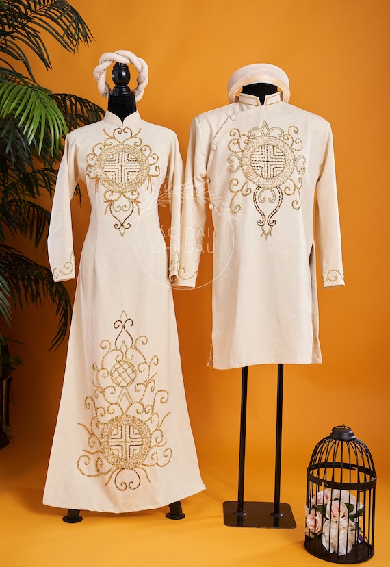 Traditional Wedding Couple Ao Dai Long Dress in Ivory light Gold With Hand beading Details Premade and Custom Size Ao Dai C i C p oi Etsy Canada