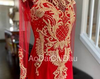 Vietnamese Wedding Ao Dai in Red and Gold with Beautiful Details - Áo Dài Cưới