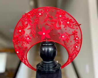Modernized Headband for Vietnamese Ao Dai, in Red, Headpiece, Adjustable - Mấn Khăn Đống Áo Dài Cưới