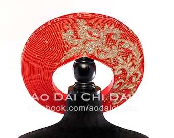 Headpiece for Vietnamese Ao Dai in Red, Floral Gold Glitter Details, Custom Size and Pre-made - Khăn Đống Áo Dài