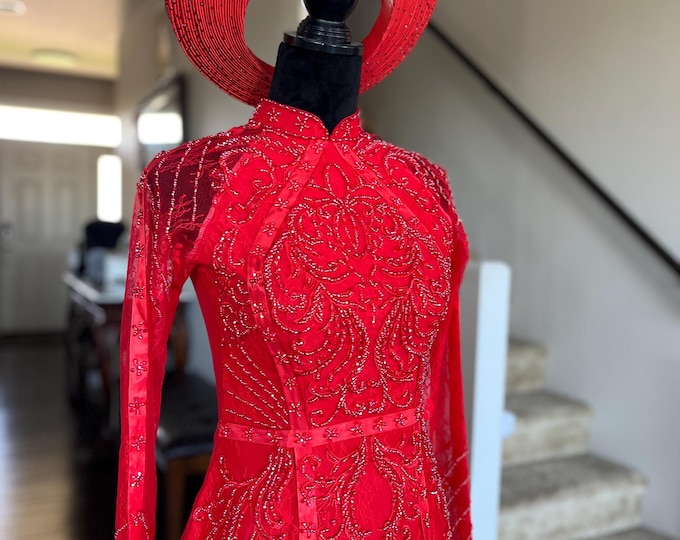 Vietnamese Wedding Ao Dai Long Dress, Red, Hand-beading Details, Custom Size, Multiple Headpiece Choices | Áo Dài Cưới, May Theo Số Đo