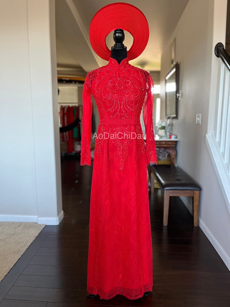 Vietnamese Wedding Ao Dai Long Dress, Red, Hand-beading Details, Custom Size, Multiple Headpiece Choices Áo Dài Cưới, May Theo Số Đo image 2