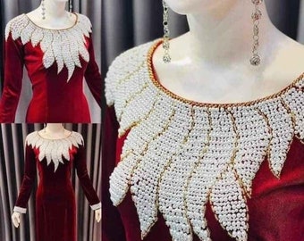 Vietnamese Burgundy Ao Dai Dress with Pants, Elastic Velvet Fabric with Hand-beading Details, Pre-made and Custom Size | Áo Dài Trung Niên