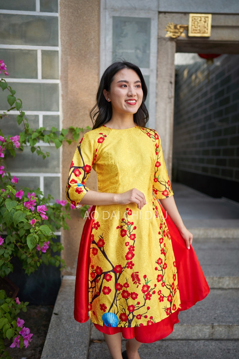 Pre-made Vietnamese Modernized Ao Dai in Yellow and Floral image 1