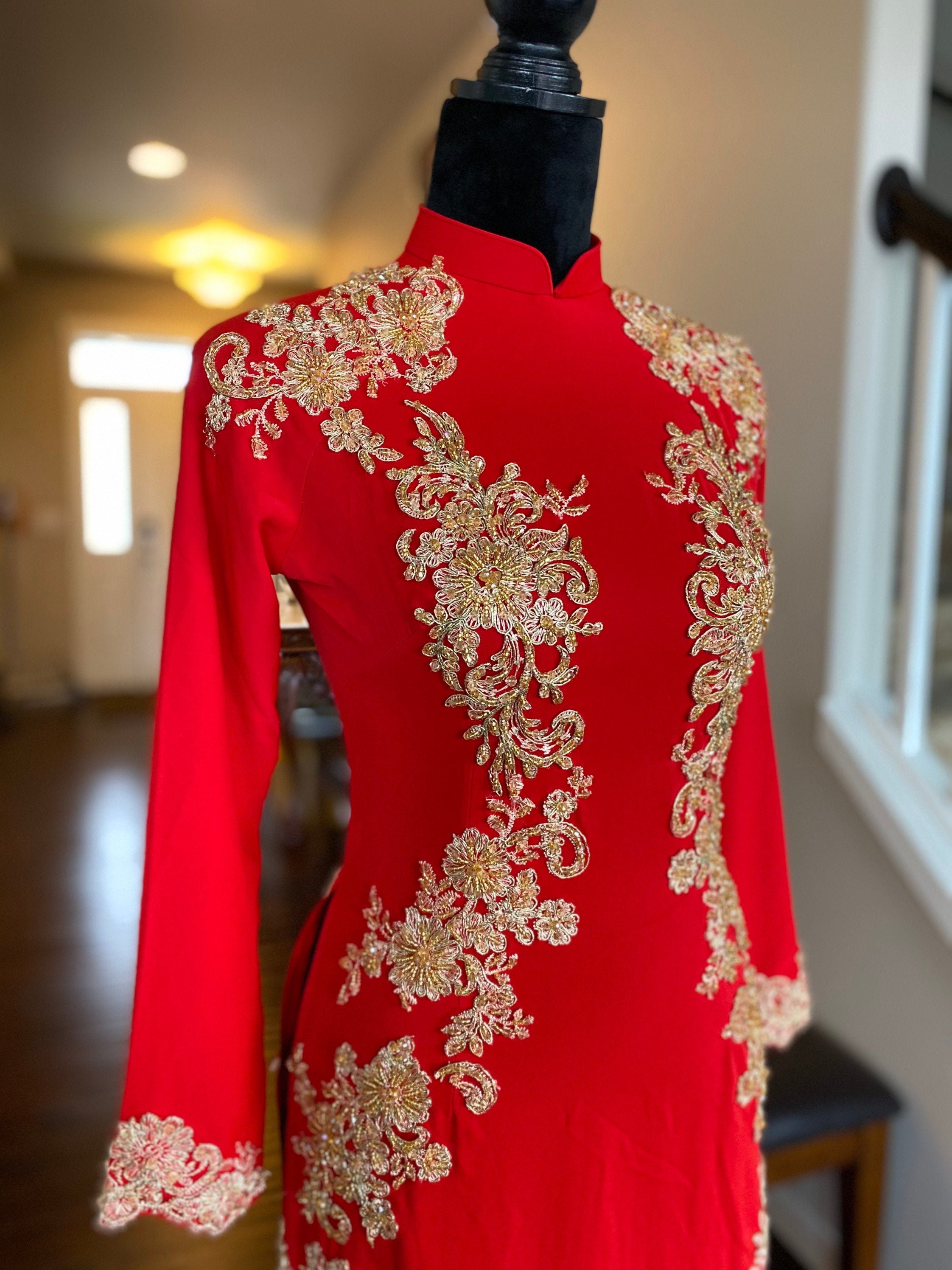 Red Ao Dai Vietnamese Traditional Wedding Dress With Gold Embroidery and  Red or Gold Pants G52 