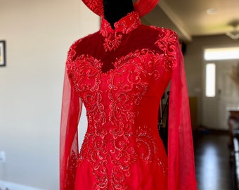 Vietnamese Wedding Ao Dai Long Dress, Red, Hand-beading Details, Custom Size, Multiple Headpiece Choices | Áo Dài Cưới, May Theo Số Đo