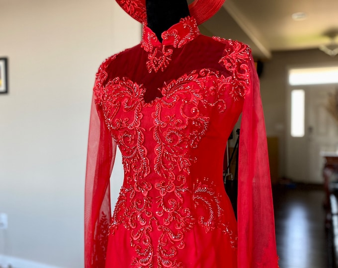 Vietnamese Wedding Ao Dai Long Dress, Red, Hand-beading Details, Custom Size, Multiple Headpiece Choices | Áo Dài Cưới, May Theo Số Đo