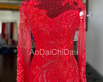 Wedding Ao Dai in Red with Beautiful Details Custom Size - Áo Dài Cưới