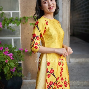 Pre-made Vietnamese Modernized Ao Dai in Yellow and Floral With skirt (yellow)