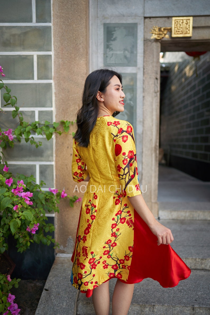 Pre-made Vietnamese Modernized Ao Dai in Yellow and Floral image 3