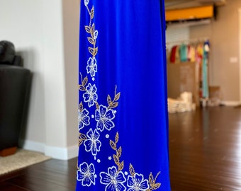 Vietnamese Ao Dai Dress, Double Layers Chiffon with Hand-beading Details in Blue, Custom Size and Colors | Áo Dài Trung Niên, May Theo Số Đo