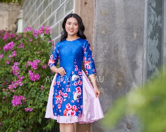 Pre-made Vietnamese Modernized Ao Dai in Blue and Floral Details, with Assorted Choice of Skirt Colors - Áo Dài Cách Tân Tết