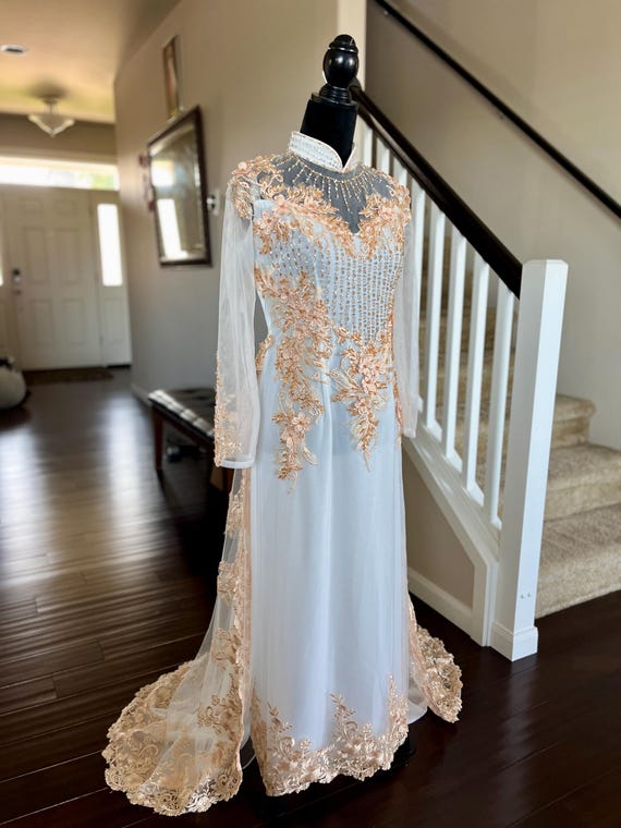 Vietnamese Wedding AO Dai Dress with A Train, White and Gold, Hand-Beading Details, Custom size, Multiple Headpiece Choices | o Di Ci