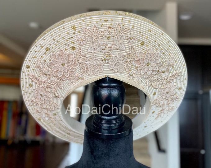 Headpiece for Vietnamese Ao Dai in Nude/Light Gold, Floral Lace Details with Beading, Custom Size and Pre-made - Khăn Đống Áo Dài