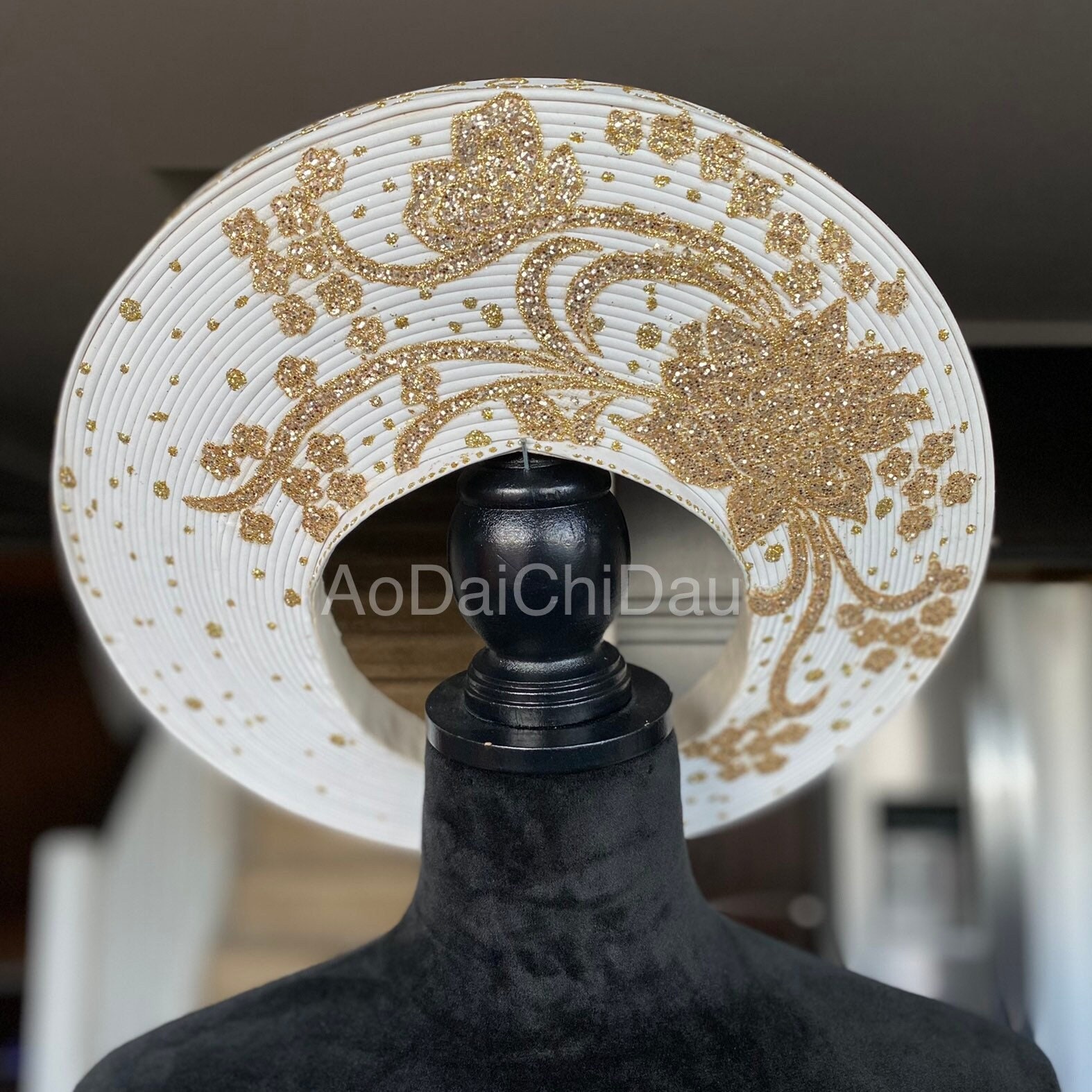Headpiece for Vietnamese Ao Dai, Floral Gold Glitter Details, Custom Size and Premade Khăn