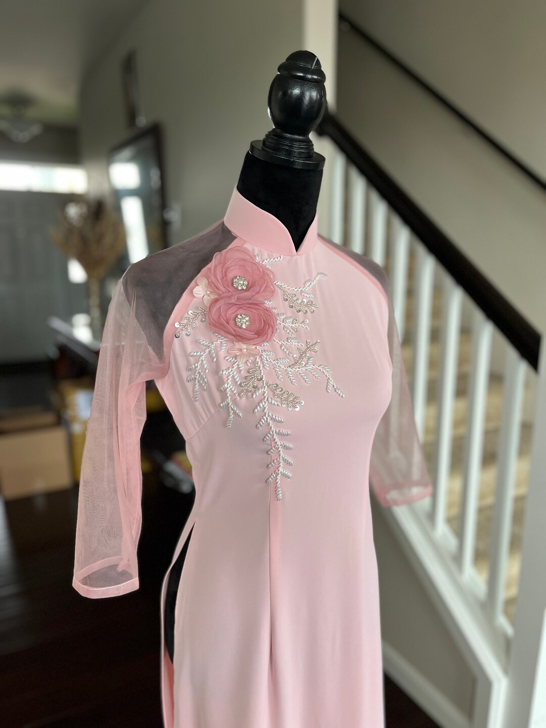 Vietnamese Bridesmaid Ao Dai Long Dress in Blush/pink, With Pants