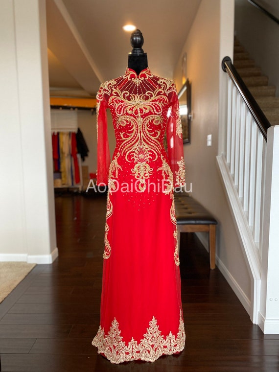 orgánico borroso tarta Vestido largo Ao Dai de boda vietnamita rojo/dorado detalles - Etsy México