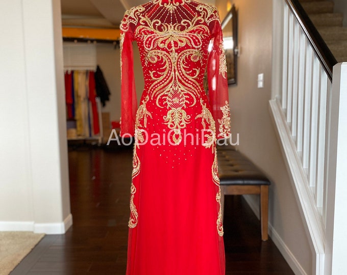 Vietnamese Wedding Ao Dai Long Dress, Red/Gold, Hand-beading Details, Custom Size, Multiple Headpiece Choices | Áo Dài Cưới, May Theo Số Đo