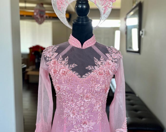 Vietnamese Wedding Ao Dai Long Dress, Pink, Hand-beading Details, Custom Size | Áo Dài Cưới, Đặt May Theo Số Đo