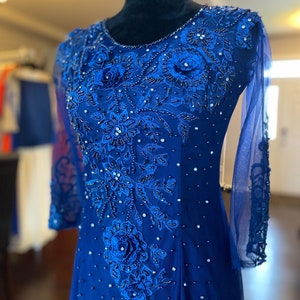 Vietnamese Ao Dai Long Dress, Three Layers with Hand-beading Details in Navy, Custom Size and Color | Áo Dài Mẹ, Trung Niên, May Theo Số Đo