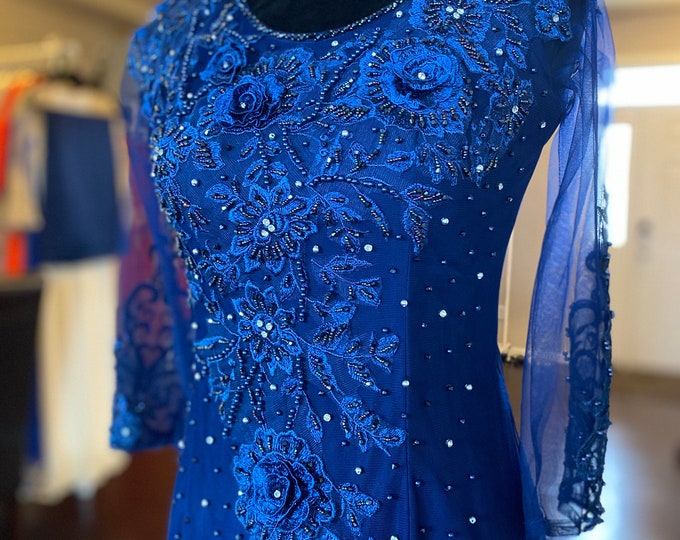 Vietnamese Ao Dai Long Dress, Three Layers with Hand-beading Details in Navy, Custom Size and Color | Áo Dài Mẹ, Trung Niên, May Theo Số Đo