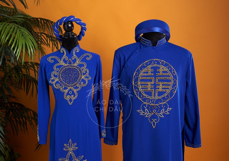 Traditional Wedding Couple Ao Dai Long Dress in Blue and | Etsy