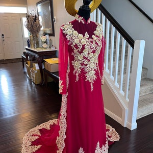 Vietnamese Wedding Ao Dai Long Dress, Burgundy and Gold, Hand-beading Details, Custom Size, With Headpiece | Áo Dài Cưới, May Theo Số Đo