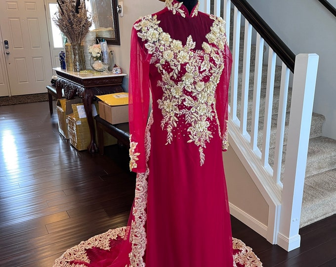 Vietnamese Wedding Ao Dai Long Dress, Burgundy and Gold, Hand-beading Details, Custom Size, With Headpiece | Áo Dài Cưới, May Theo Số Đo