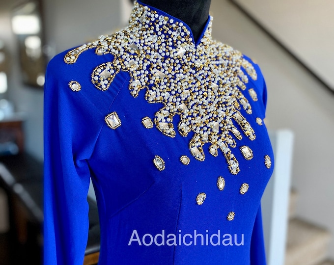 Vietnamese Ao Dai Dress, Double Layers Chiffon with Hand-beading Details in Blue, Custom Size and Colors | Áo Dài Trung Niên, May Theo Số Đo