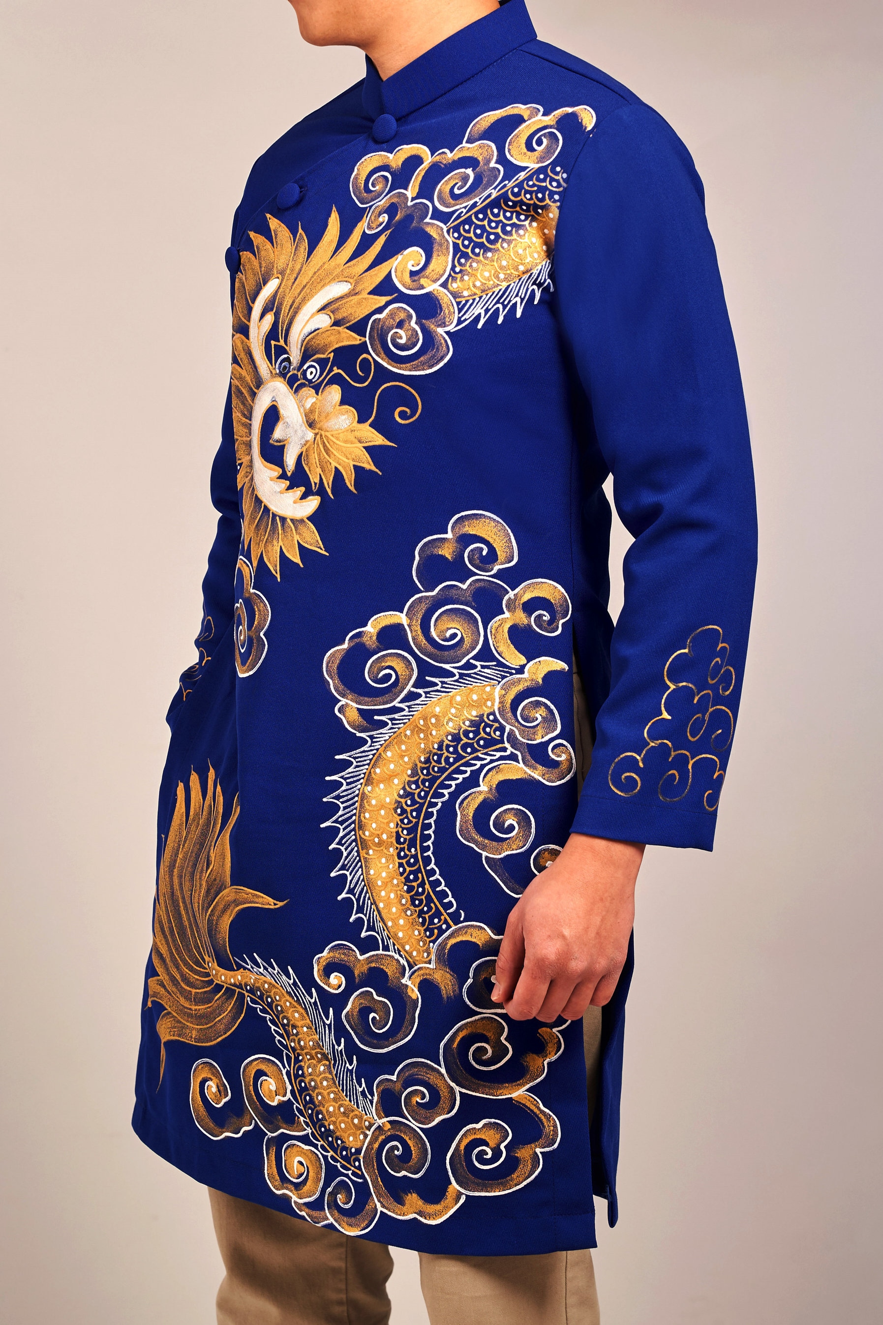 Vietnamese Modernized Men Ao Dai, Hand Painted Dragon, Custom Size