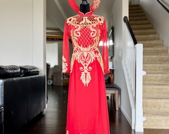 Red & Gold Hand-Beaded Vietnamese Wedding Áo Dài – Custom Sizing + Multiple Headpieces – Bridal Tea Ceremony | Áo Dài Cưới, May Theo Số Đo