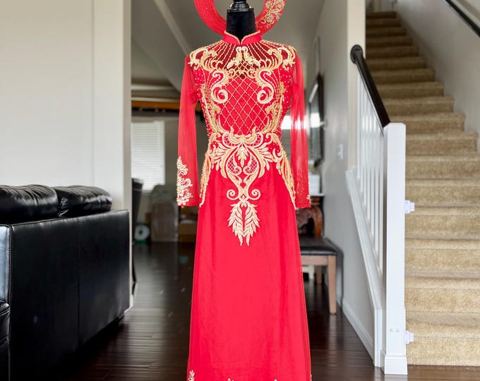 Red & Gold Hand-Beaded Vietnamese Wedding Áo Dài – Custom Sizing + Multiple Headpieces – Bridal Tea Ceremony | Áo Dài Cưới, May Theo Số Đo
