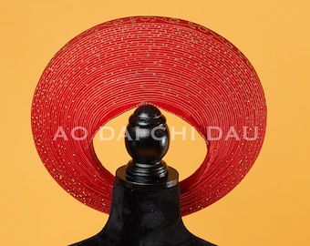 Headpiece for Vietnamese Ao Dai in Red, with Glitter Details in Gold, Custom Size and Pre-made - Khăn Đống Áo Dài