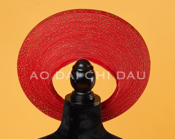 Headpiece for Vietnamese Ao Dai in Red, with Glitter Details in Gold, Custom Size and Pre-made - Khăn Đống Áo Dài