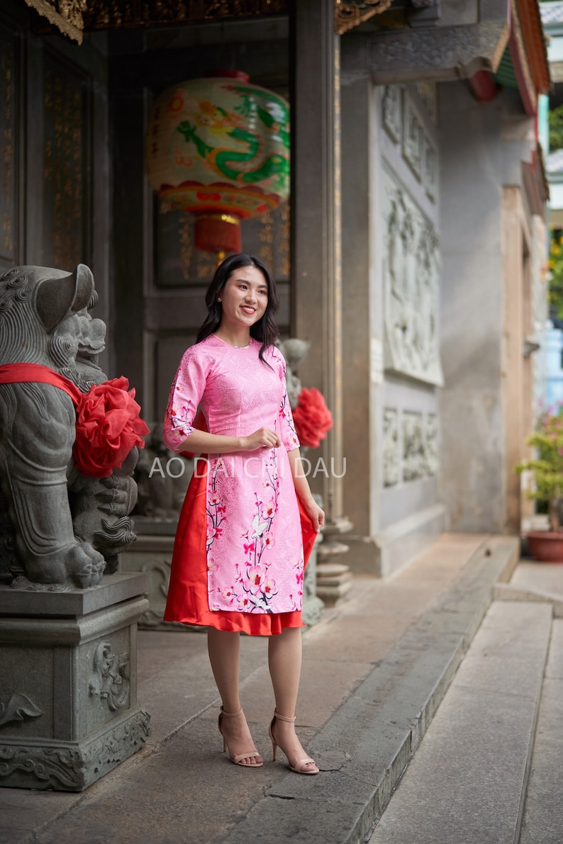 Pre-made Vietnamese Modernized Ao Dai in Pink and Floral With skirt (red)