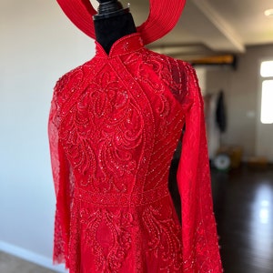 Vietnamese Wedding Ao Dai Long Dress, Red, Hand-beading Details, Custom Size, Multiple Headpiece Choices Áo Dài Cưới, May Theo Số Đo image 3