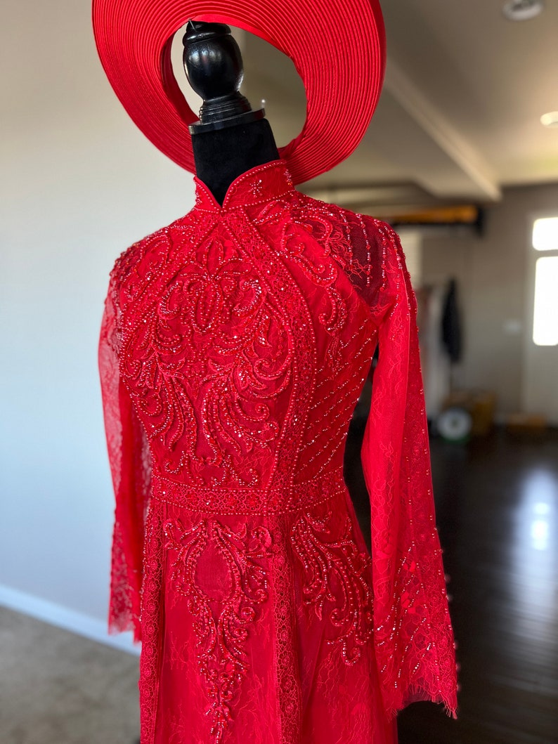 Vietnamese Wedding Ao Dai Long Dress, Red, Hand-beading Details, Custom Size, Multiple Headpiece Choices Áo Dài Cưới, May Theo Số Đo image 3