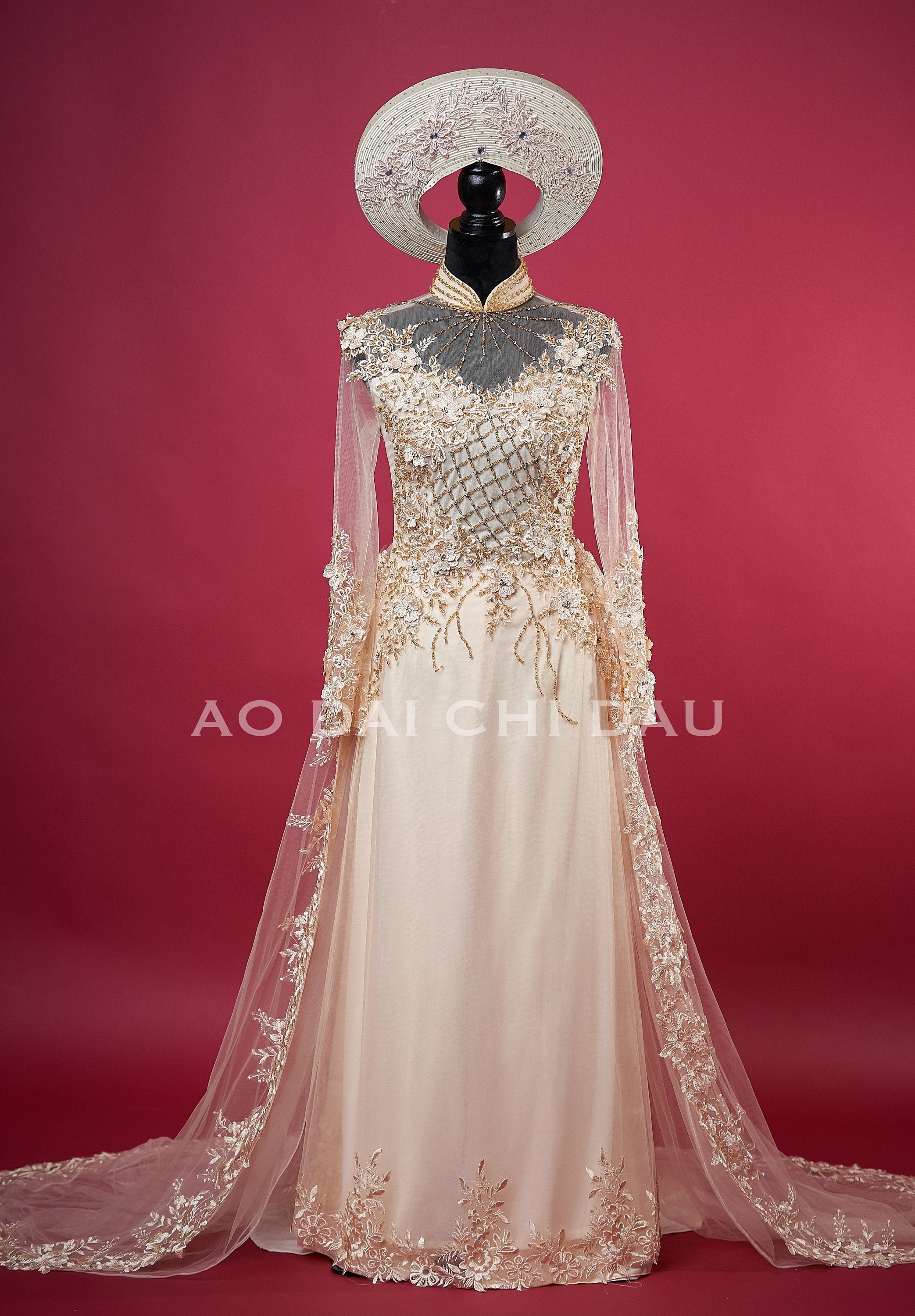 Red Ao Dai VietnameseTraditional Wedding Dress with Gold Embroidery and  Train 