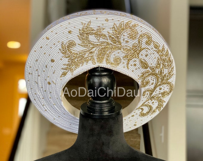 Headpiece for Vietnamese Ao Dai in White, Floral Gold Glitter Details, Custom Size - Khăn Đống Áo Dài