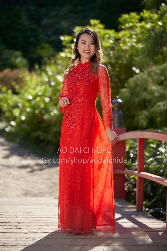 Vietnamese Wedding Ao Dai Long Dress Red Hand beading Details Custom Size Multiple Headpiece Choices Ao Dai C i May Theo S o Etsy Canada