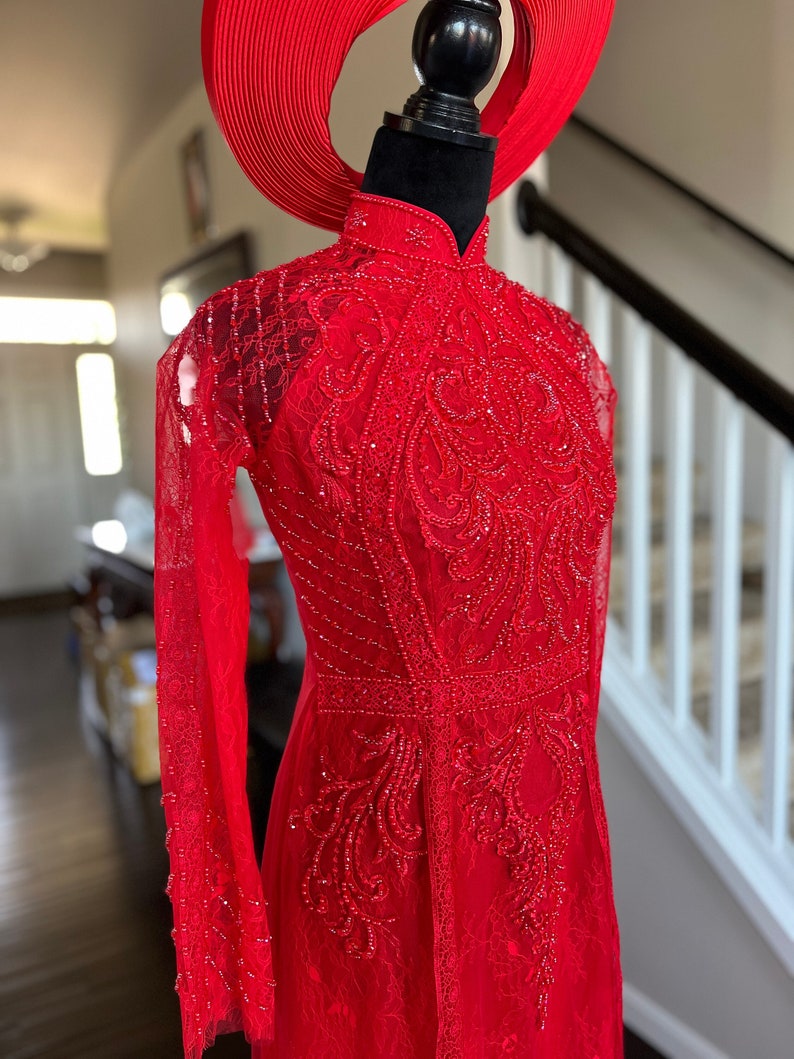 Vietnamese Wedding Ao Dai Long Dress, Red, Hand-beading Details, Custom Size, Multiple Headpiece Choices Áo Dài Cưới, May Theo Số Đo image 1