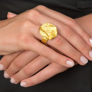 Designer ring gold handmade with ice matt brushed surface, 925 silver with solid 18kt gold plating, gift idea for your loved one